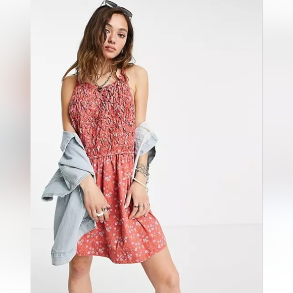 Free People Dresses & Skirts - NWT Free People Cottage Core Floral Short Dress Smocked Front Poppy Combo